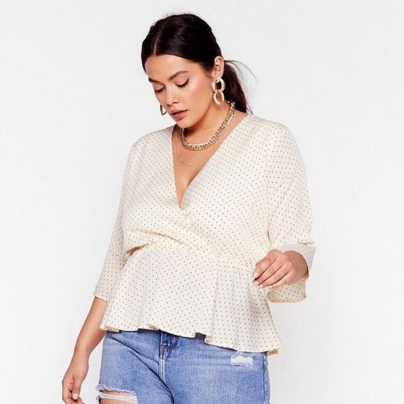 Nasty Gal 14 Well Spotted Peplum Bell Sleeve Faux Wrap Cream Brown Polka Top - Picture 1 of 16